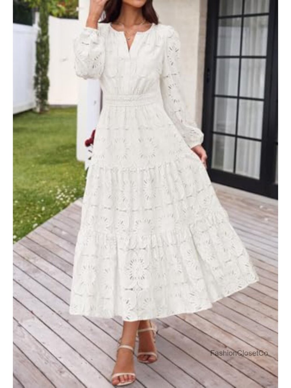 Women's Lace Floral Eyelet Maxi Dress Long Sleeve Wedding Guest - Picture 5 of 6